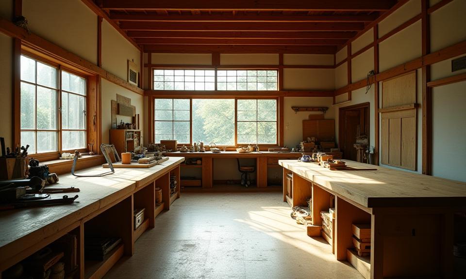 Interior shot of the Yamamoto Mokkōjo atelier, showcasing natural light, traditional tools, and works in progress, reflecting a serene and dedicated craftsmanship environment.