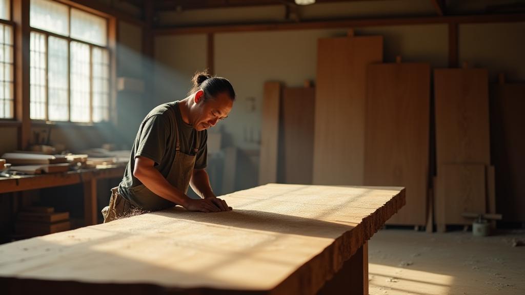 Master artisan meticulously working on a large wooden piece in a well-lit workshop, emphasizing traditional Japanese craftsmanship.
