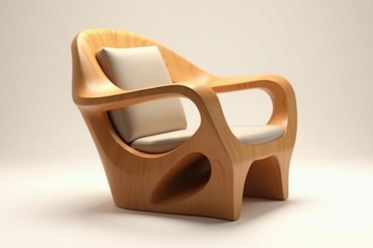A beautifully sculpted wooden armchair with ergonomic design, showcasing intricate curves and joinery.