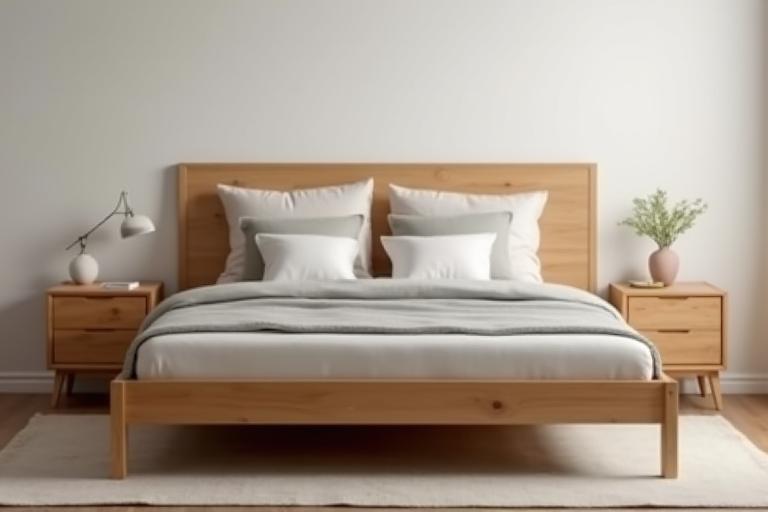 A minimalist wooden bed frame with matching bedside tables, emphasizing clean lines and natural wood grain.