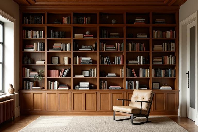 A floor-to-ceiling custom-built wooden bookcase integrating seamlessly into a home library.