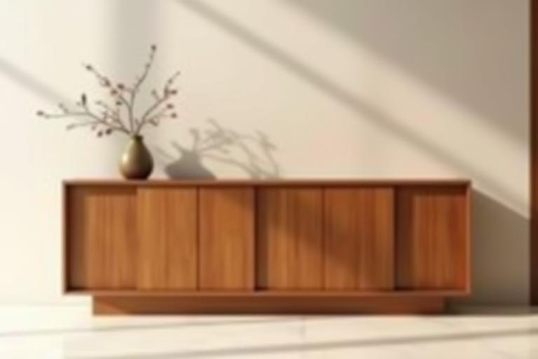 An elegant, minimalist wooden console cabinet with sliding doors, accented by subtle traditional joinery.