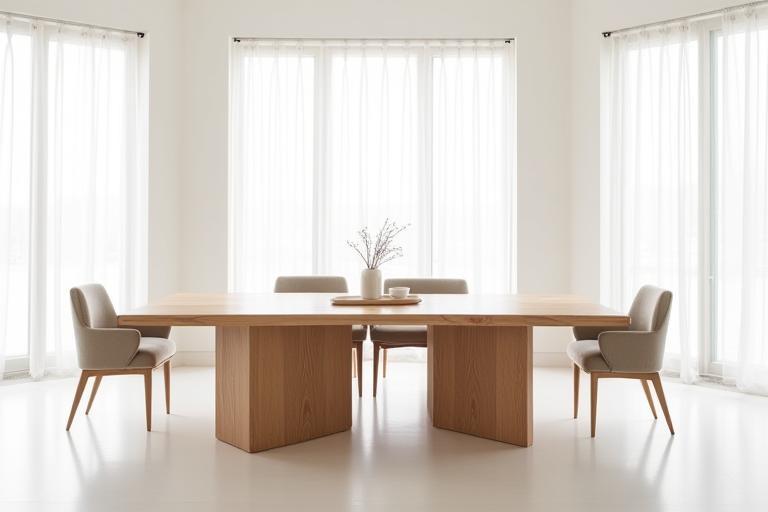 A custom-designed, large, sleek wooden dining table with minimalistic chairs in a bright, modern space.
