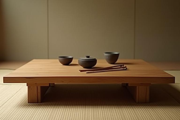 A low, exquisitely crafted wooden table designed for traditional Japanese tea ceremonies, featuring delicate joinery.