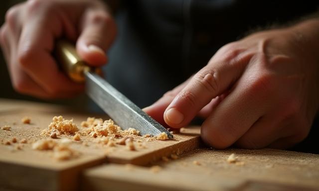 A master craftsman's hands carefully shaping wood with a chisel, showing focused attention to detail.