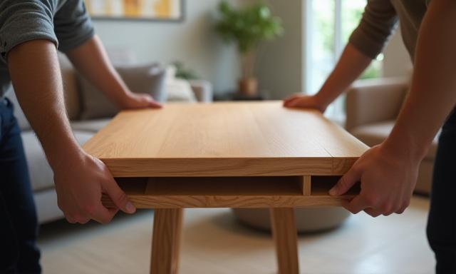 A beautifully crafted wooden table being gently placed into a modern living space.