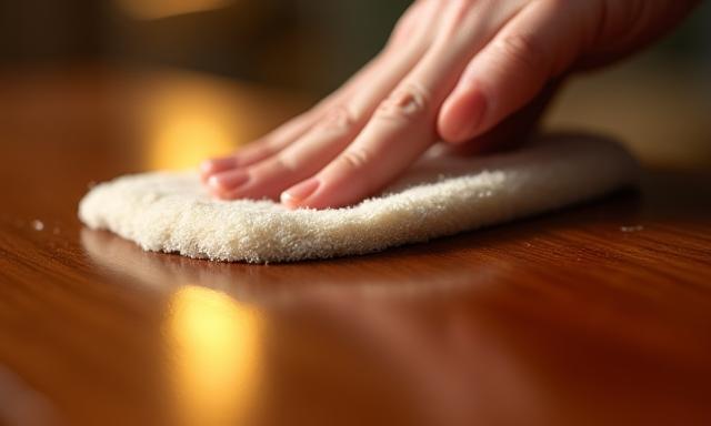 A finished wooden surface being polished to a high sheen, reflecting light.