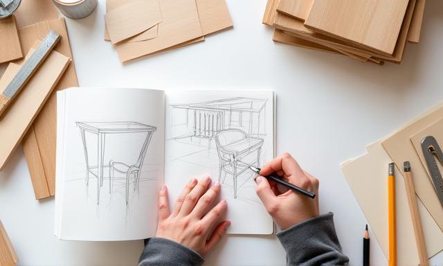 Hands sketching furniture designs on a notebook with various wood samples and design tools on a desk.