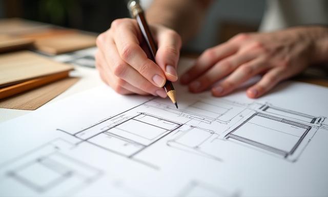 Detailed close-up of a designer's hand sketching a custom furniture piece on a blueprint, with wood samples in the background.