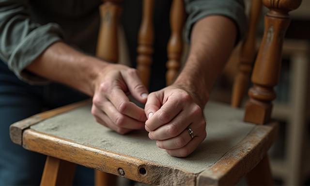 A skilled artisan meticulously restoring an antique wooden chair, focusing on detailed repair work.