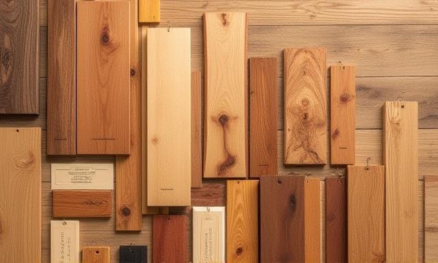 A curated collection of various high-quality wood samples with distinct grains and colors.